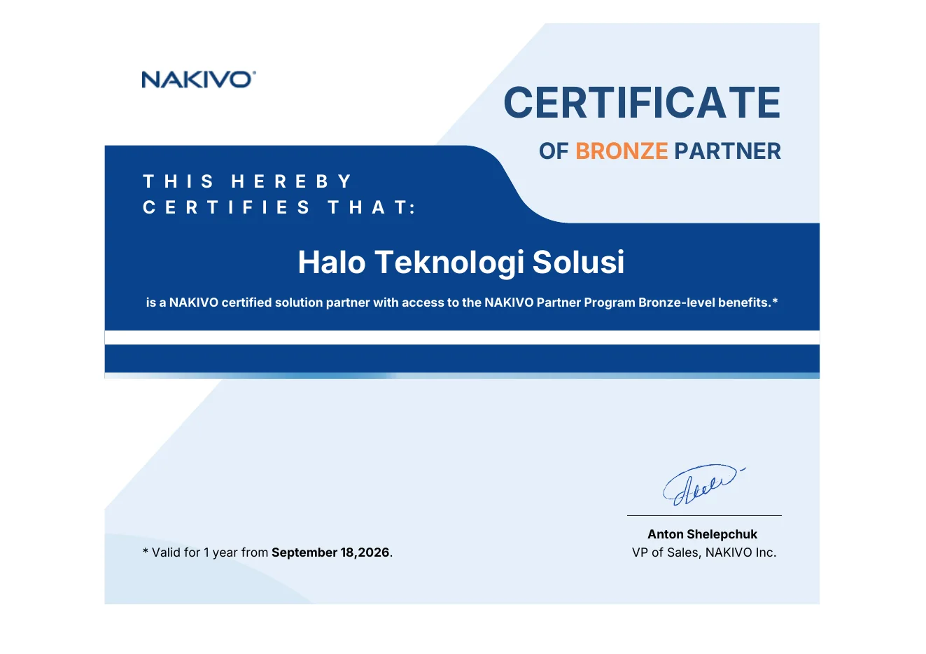 NAKIVO Bronze Partner Certificate untuk Halo Teknologi Solusi