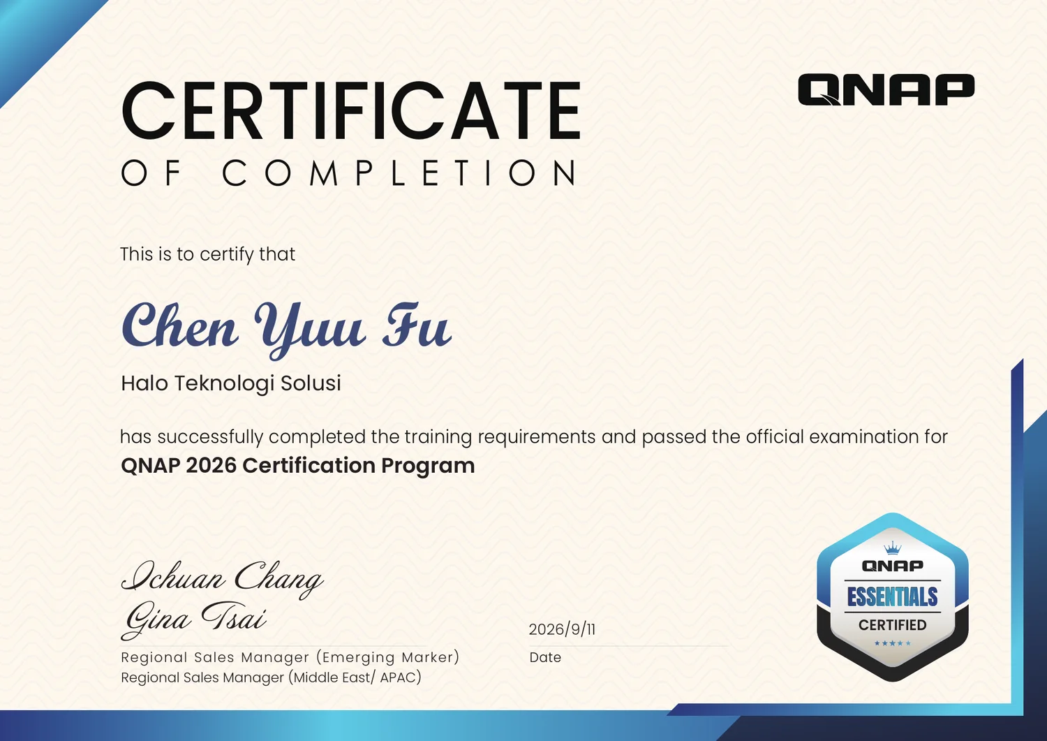 QNAP 2026 Certification Program untuk Chen Yuu Fu dari Halo Teknologi Solusi