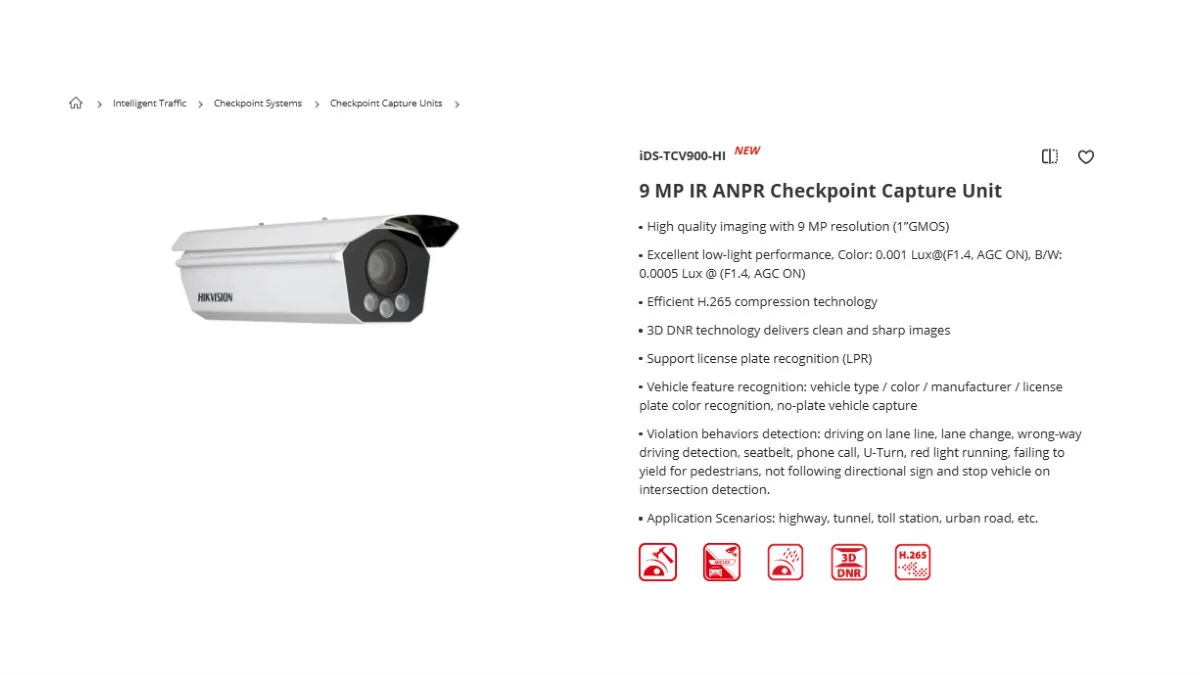 Hikvision iDS-TCV900-HI 9 MP IR ANPR checkpoint capture unit from the supplied requirement document