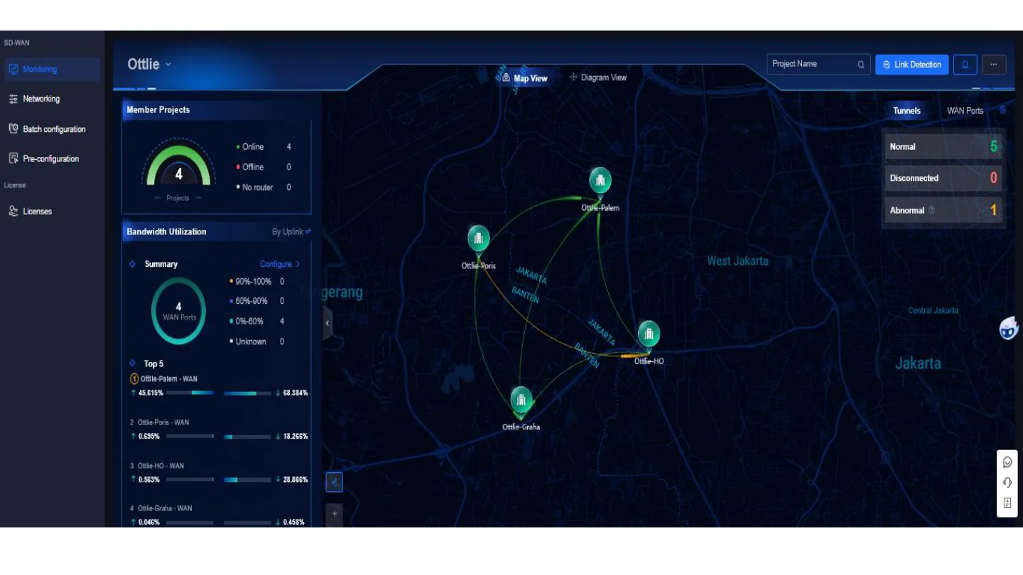 Map monitoring Ruijie SD-WAN pada beberapa site Ottlie Studio